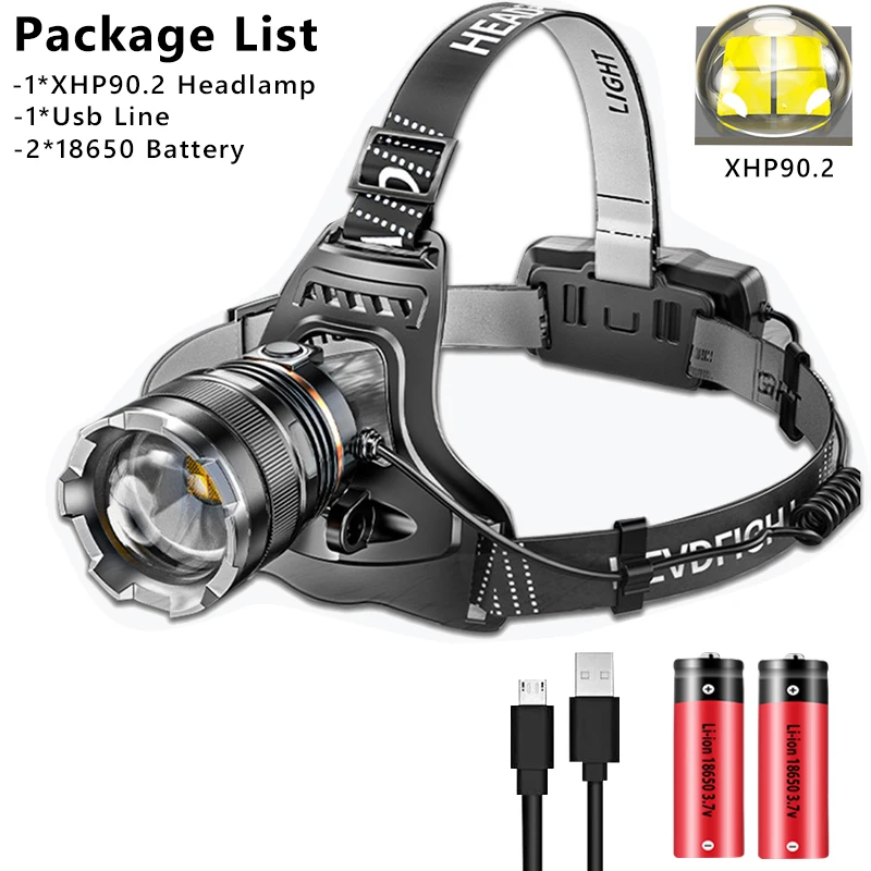 XHP90.2 Super Powerful Headlamp Rechargeable Head Flashlight High Power Head Lamp 1000Meters Headlight 2*18650 Fishing Lantern