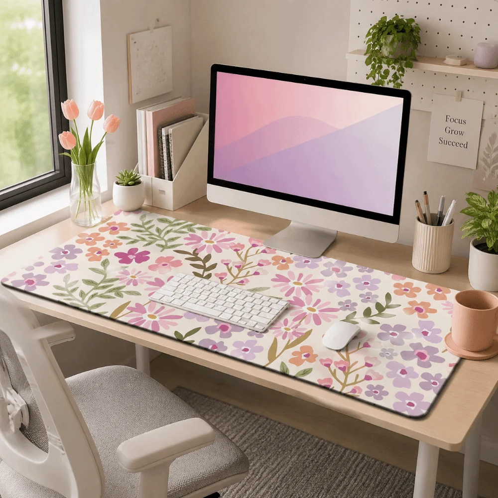 

Desk Mat Large Floral Desk Pad Non-Slip Rubber Base Gaming Mats Flower Pattern Stitched Edge Mouse Pad Work