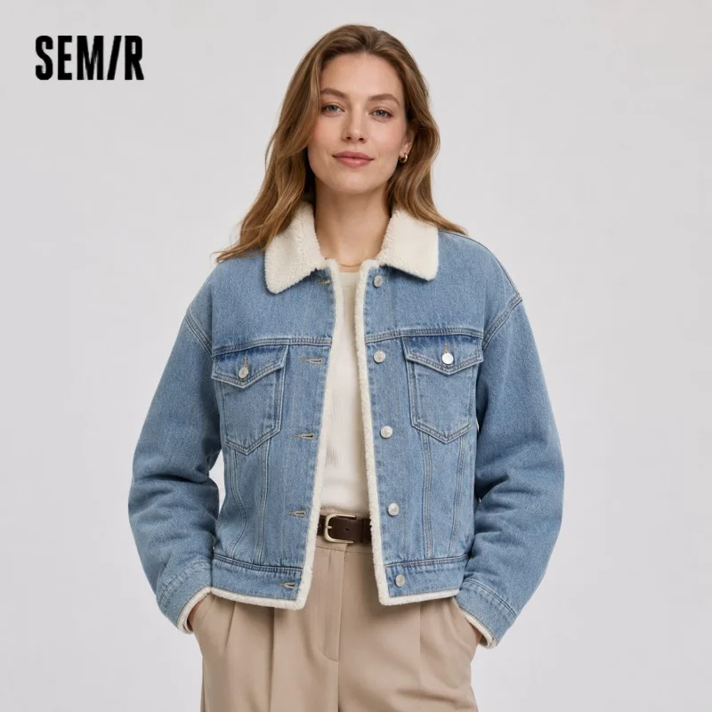 Semir Denim Jacket Women Patchwork Imitation Rabbit Fur Lapel Loose 2024 New Winter Quilted Jacket