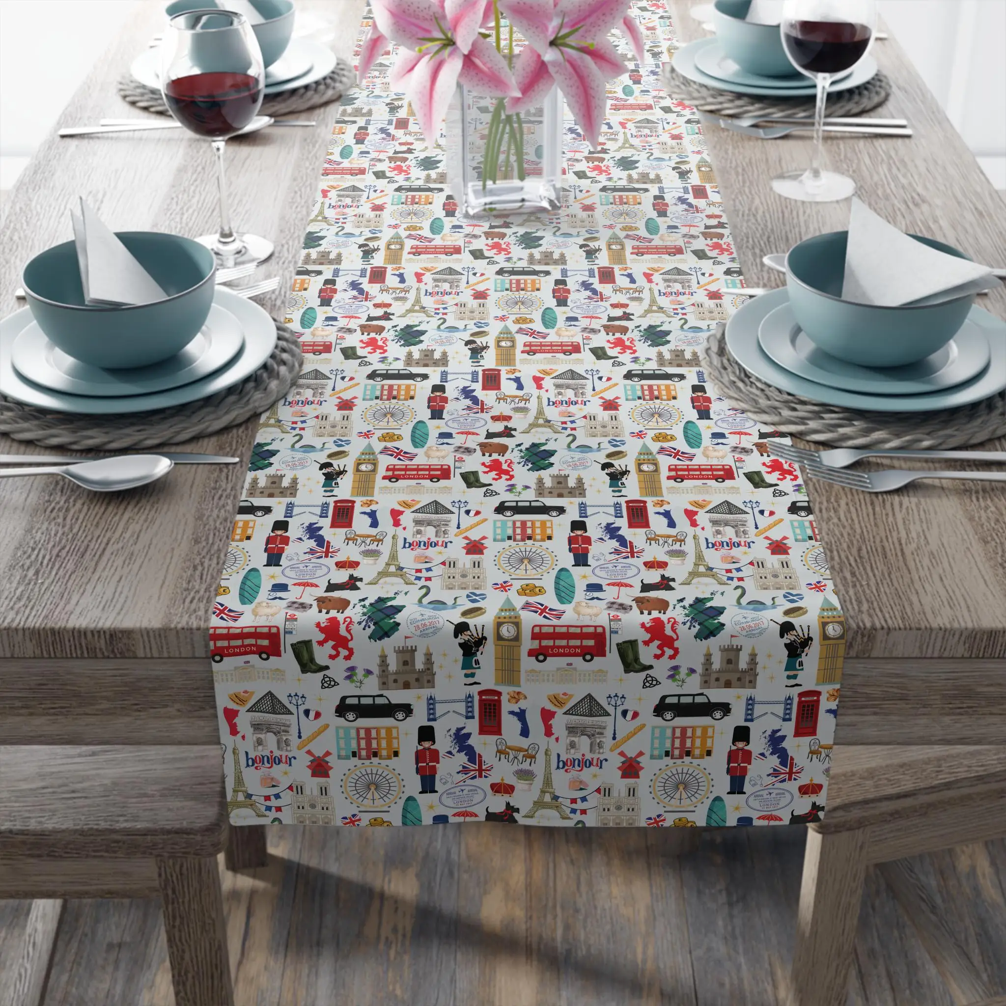European City Table Runner, London Paris Scotland & England France Prints, Stylish Kitchen & Dining Table Decor