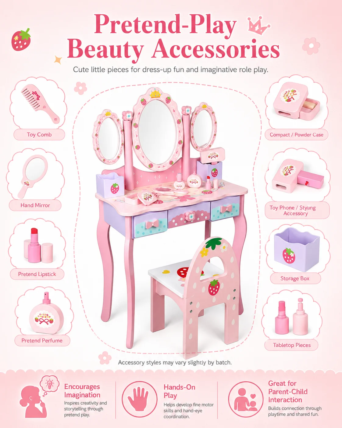 Kids Wooden Vanity Table Set with 3 Mirrors & Chair, Girls Pretend Play Dressing Table with Makeup Accessories