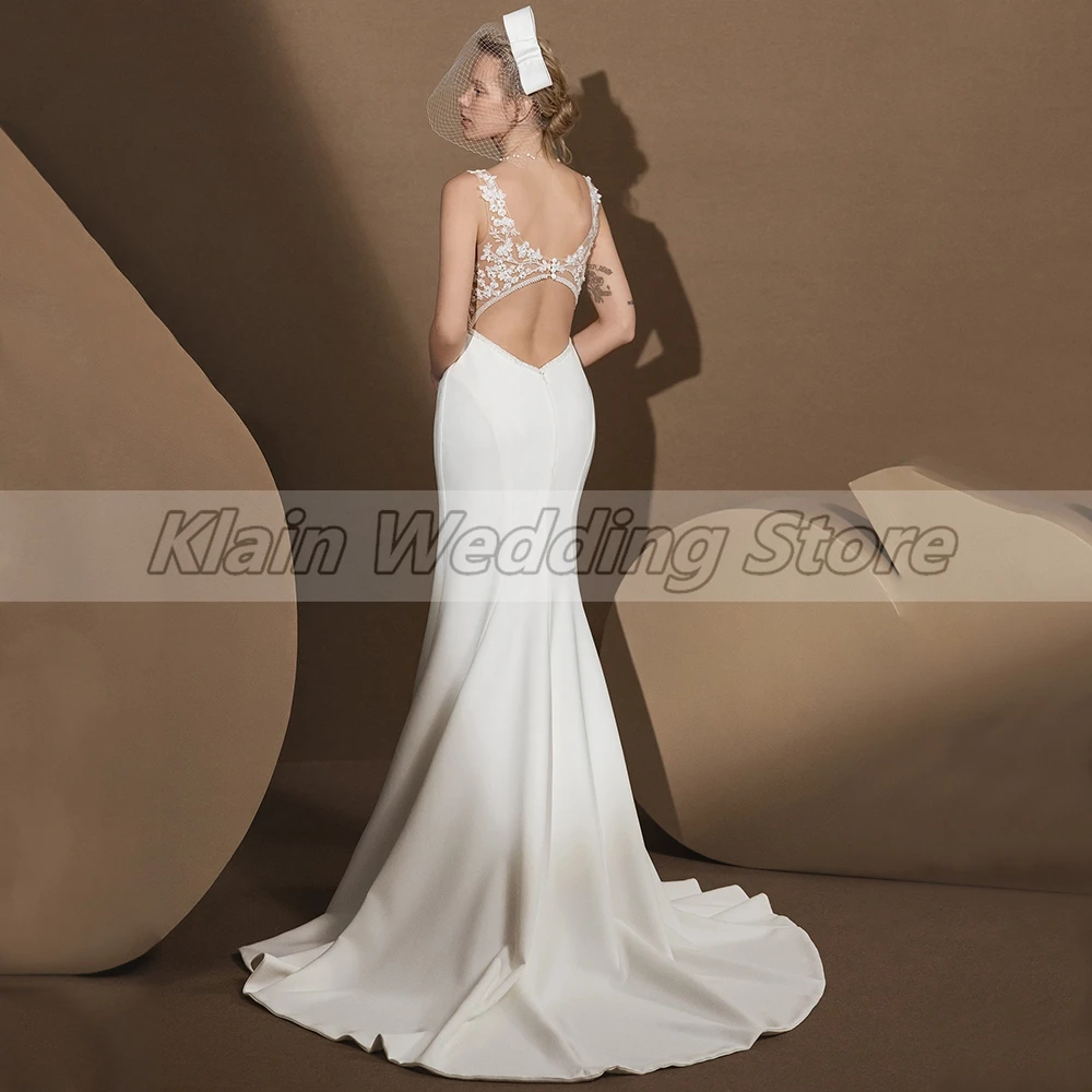 Customized Weilinsha Solid Color Mermaid Wedding Dress With Appliques Buttons Back Sweep Train V Neck Jersey Bridal Robe De Mar