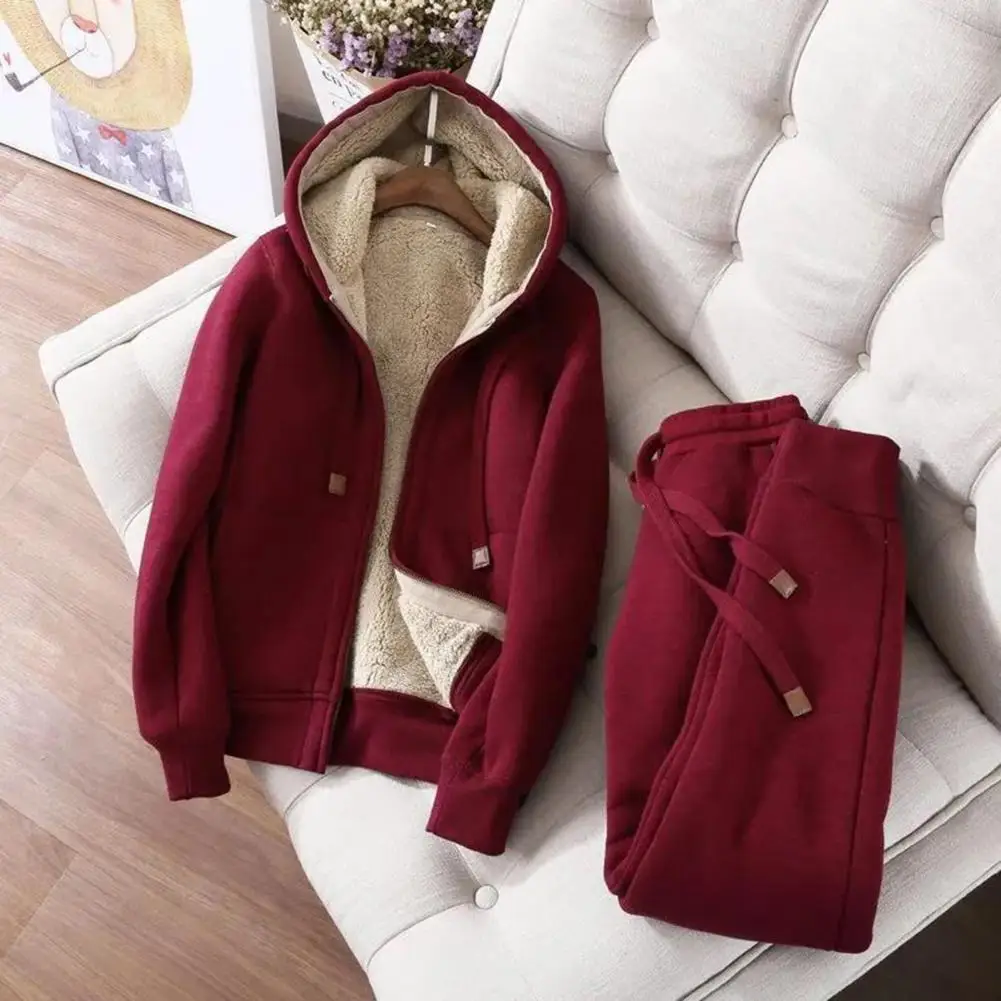 Women Solid Color Jacket Trousers Women\'s Winter Tracksuit Set with Plush Lining Hooded Jacket Elastic Waist Pants for Daily