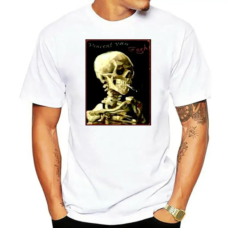 Skeleton Smoking Men's T-shirt Vincent Van Gogh Painting Art Goth Emo Punk Metal