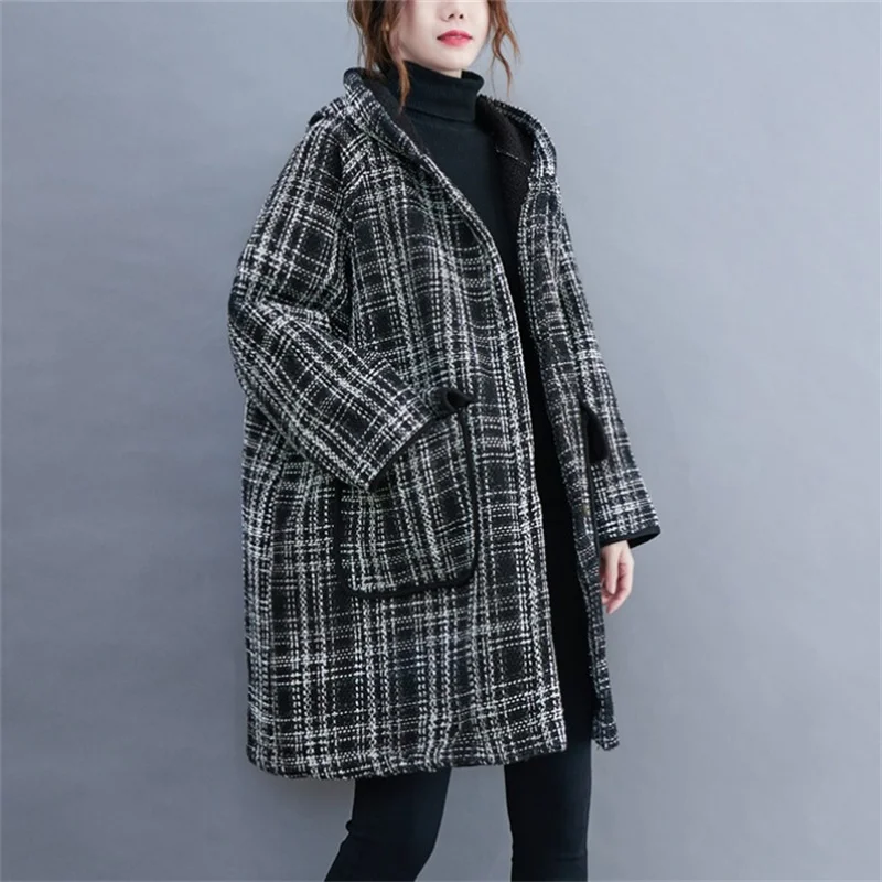 

Winter Jackets Vintage Large Size Women's Clothing 2022 Winter New Hooded Plaid Cotton Coat Thick Korean Loose Overcoats fp373