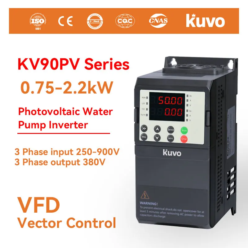 

Высокопроизводительный драйвер солнечного насоса KUVO KV90PV 0,75/1,5/2,2 кВт 380 В, 3-фазный MPPT, используемый для перекачки солнечной или солнечной сельского хозяйства.