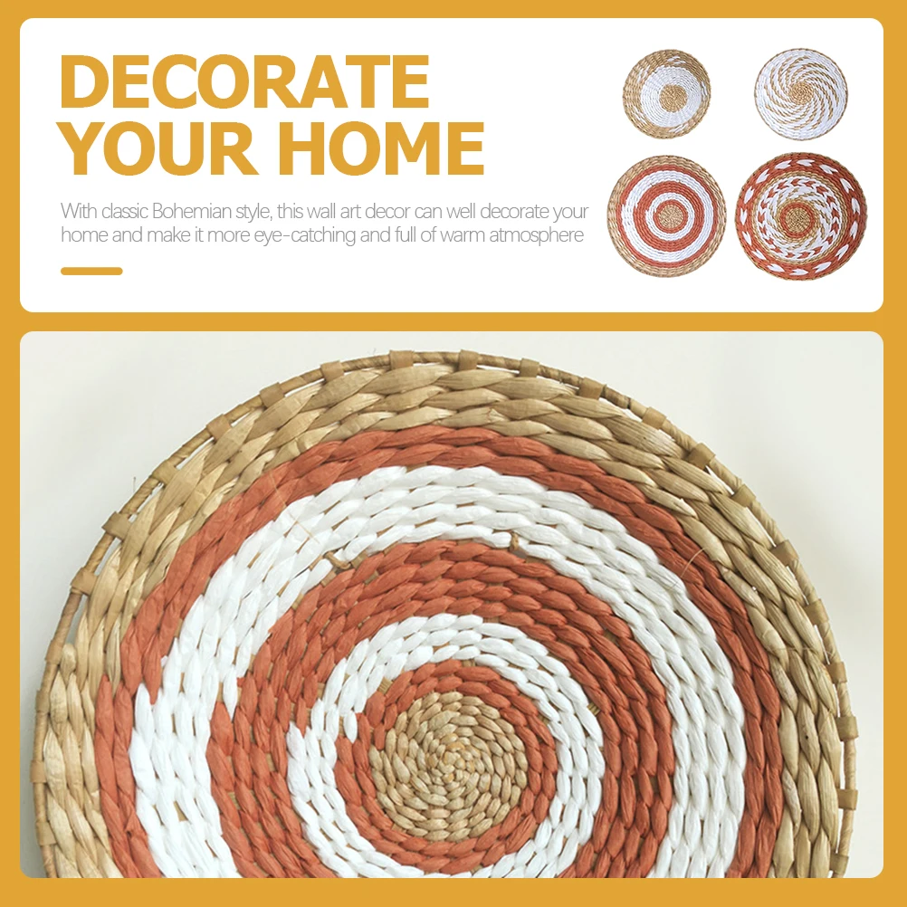 

4Pcs Bohemian Woven Round Plate Wall Decor Unique Hanging Home Ornaments for Bedroom Living Room Office Wall Art Decoration Gift