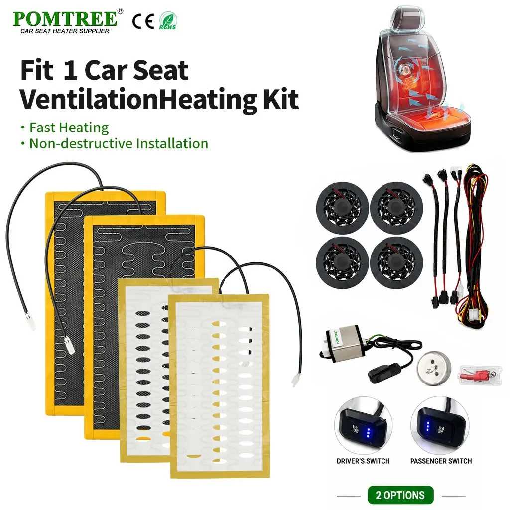 DC12V Universal Built-in Car Seat Heater Ventilation Kit Single Seat Driver Passenger 3-Level Switch 2 Pads 2 Fans