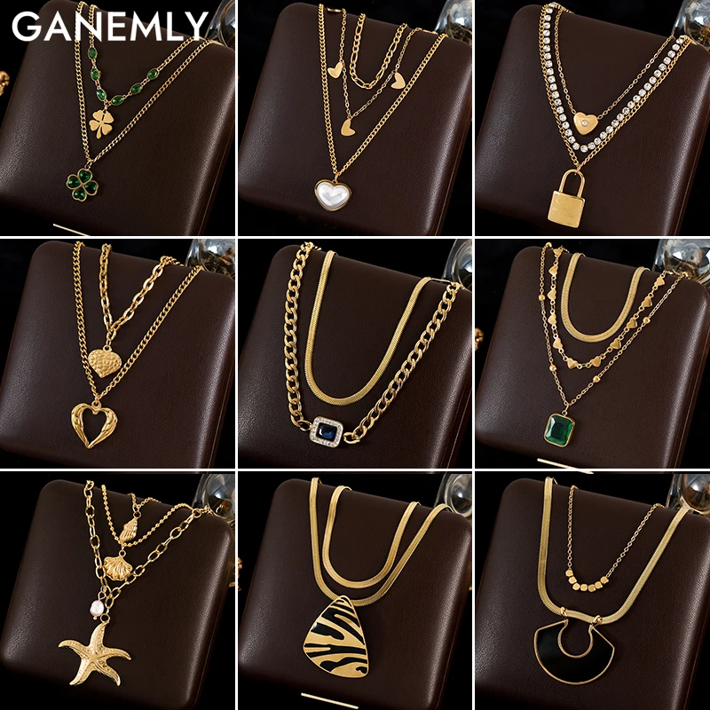 

GANEMLY 316L Stainless Steel Heart Starfish Lock Clover Pendant Necklace For Women Fashion Multilayer Neck Chain Jewelry Gift