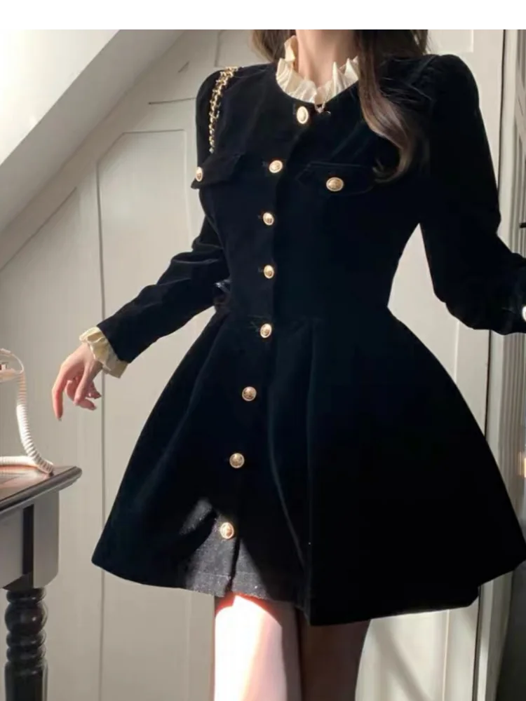 Korean Black Velvet Dresses for Women Single Breasted Long Sleeve Evening Party Dress Autumn Y2K Fashion A-line Vestido Mujer