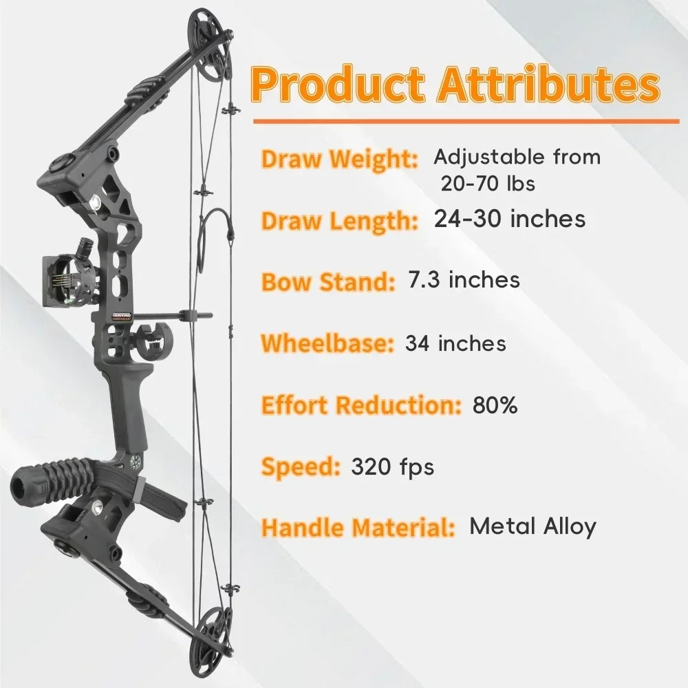 20‑70lbs Adjustable Compound Bow Kit 320FPS 80% Let‑off Right Hand Complete Accessory Package for Archery Hunting and Target Practice