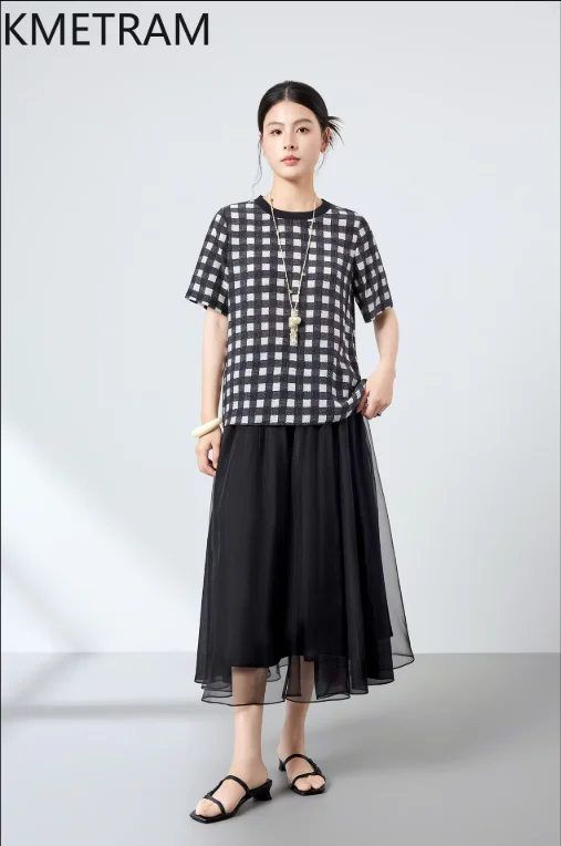 KMETRAM 100% Natural Mulberry Silk Women T Shirts Plaid Printed T Shirt Casual Loose Summer Tops for Woman Clothing 2026футболка