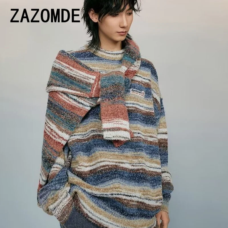 ZAZOMDE 2024 Autumn Winter New Arrival Fashionable Trendy Striped Knit Pullover Vintage Color Blocking Design Unisex Couple Tops