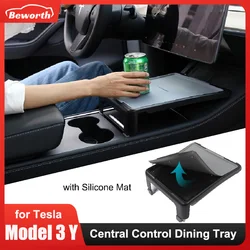 Vassoio da pranzo per Tesla Model 3/Y 2023 Console centrale Bevanda Tavolo per alimenti Piatto da scrivania con tappetino in silicone Supporto per organizer