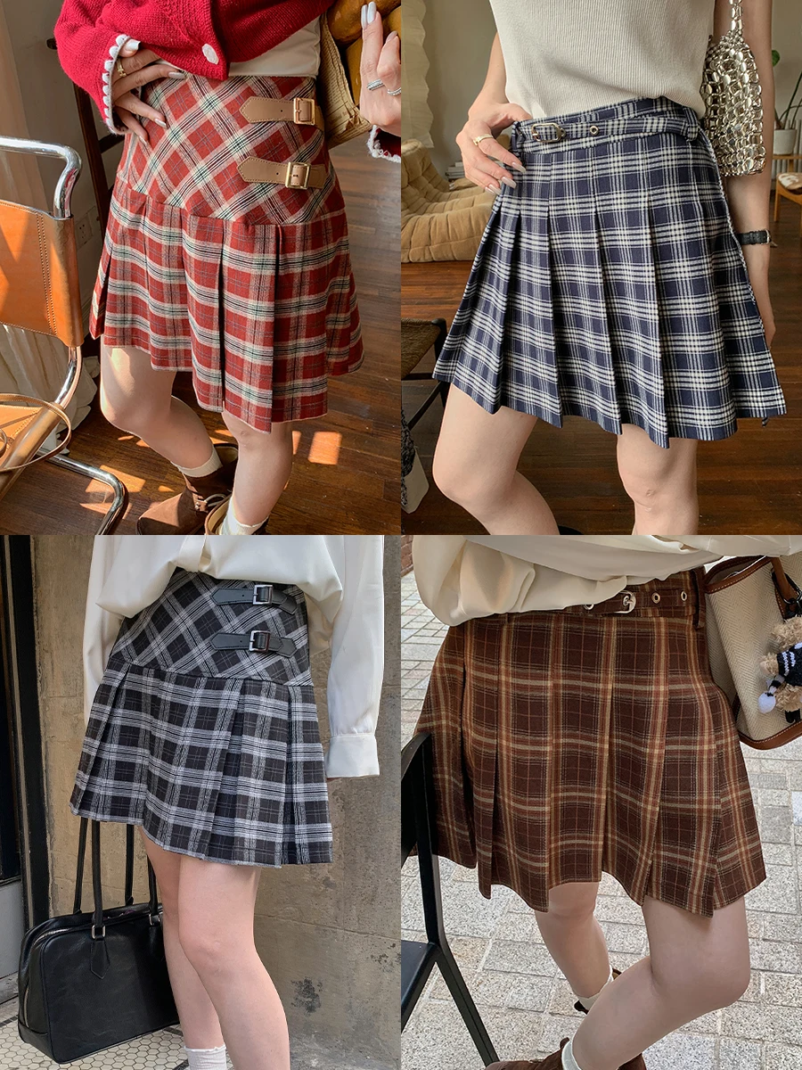 

Юбка Muxisi большого размера, винтажная, А-силуэт, в клетку, плиссированная, с завышенной талией, в корейском стиле, из смесового полиэстера, для осеннего сезона