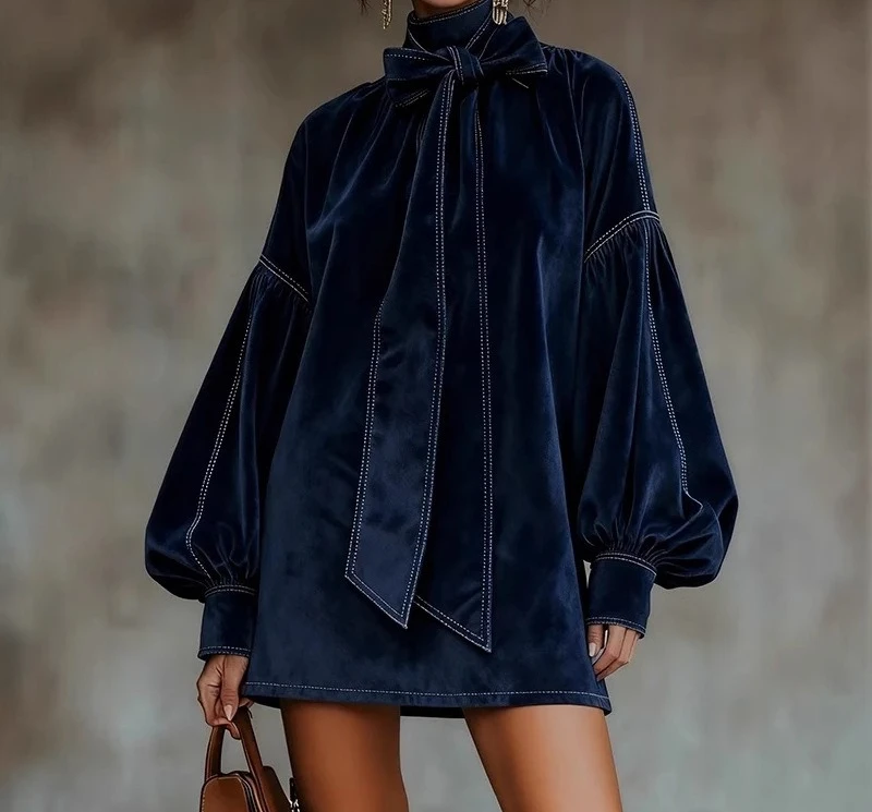 

2025 Women's Autumn/Winter Velvet Long Sleeve Bow Short Dress