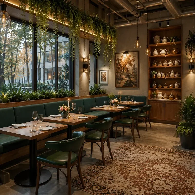 Modern Tropical Tea Cafe Banquette Restaurant Hotel Metal Leg Wood Table and Chair Green Leather Booth Seating Furniture Set