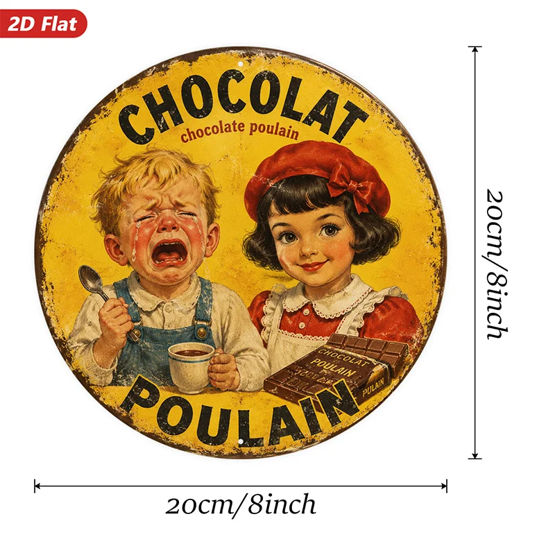 2D Flat, 1pc Vintage Chocolate Art Round Metal Sign Wall Art, Chocolat Poulain, Retro Portrait, Ideal for Workspace Living Room