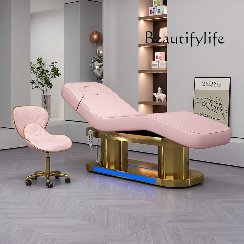 Electric lifting beauty bed beauty salon high-end LED stainless steel gold-plated massage bed tattoo