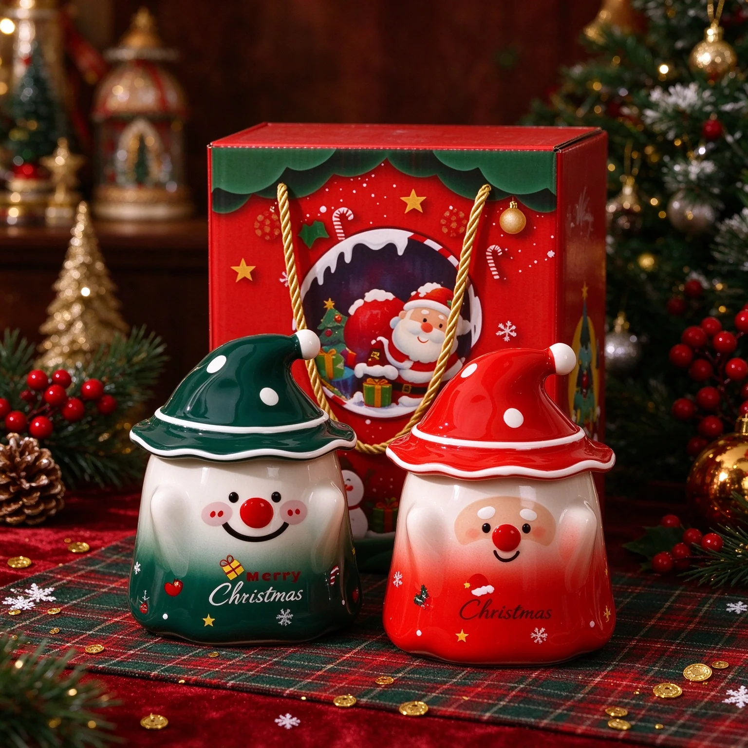 Christmas Gift Ceramic Mug with Gift Box, Adorable Elf Gnome Cup with Lid, Cute Xmas Drinkware for Holiday Gifting