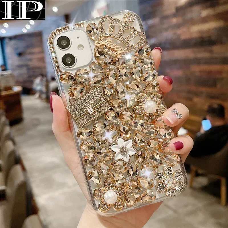 

Luxury Bling Flower Diamond Bag Crown Rhinestone Case For iphone 15Pro 14Plus 13 Mini 12 11Pro MAX XSMAX XR 7 8 PLUS Cover