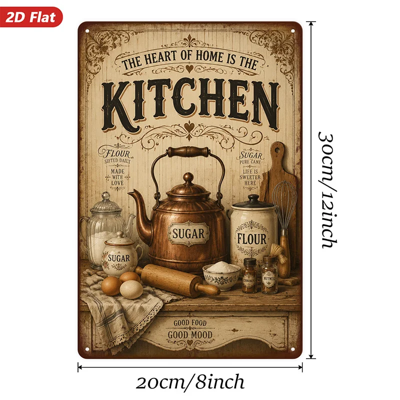 2D Flat, 1pc Vintage Kitchen Quote Metal Sign Wall Art, The Heart Of Home Kitchen, Home Decor, Sugar Flour Canisters, Kettle, Ro