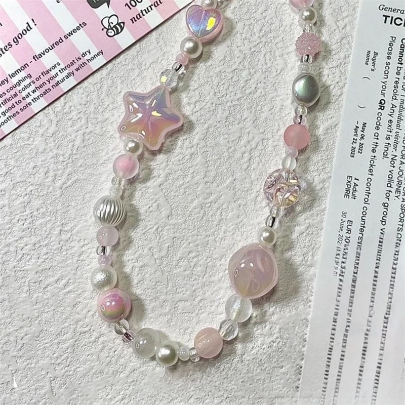 Korean Y2K Cute 3D Pink Star Heart Beaded Phone Chain Charm Lanyard For iPhone Samsung Universal Anti-Loss Hanging Rope Jewelry