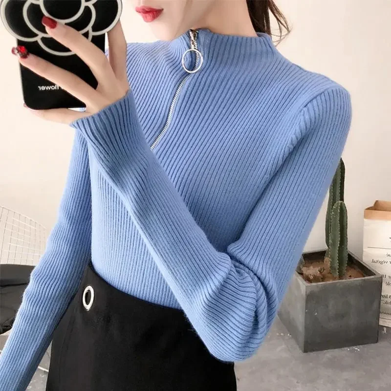 2023 Autumn Turtleneck Sweater Bottoming Sweater Women Ribbed Soft Zipper Elastic Pullover Warm Solid Color Slim Jumpers Top