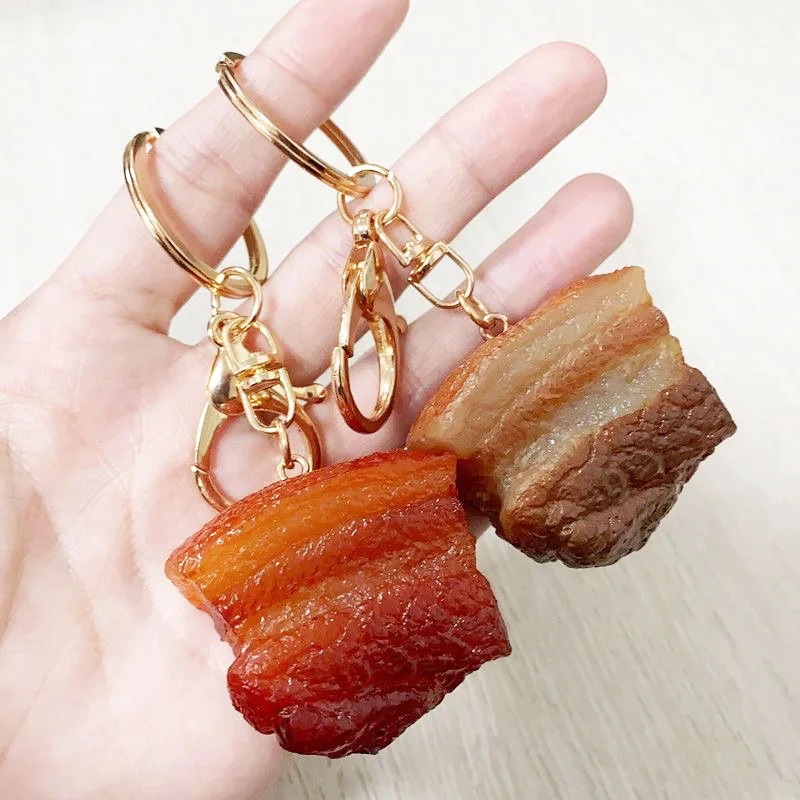 Llaveros con colgante de comida simulada, modelo de vientre de cerdo estofado de PVC, llaveros con colgante para teléfono, decoración creativa, regalo, llavero de coche