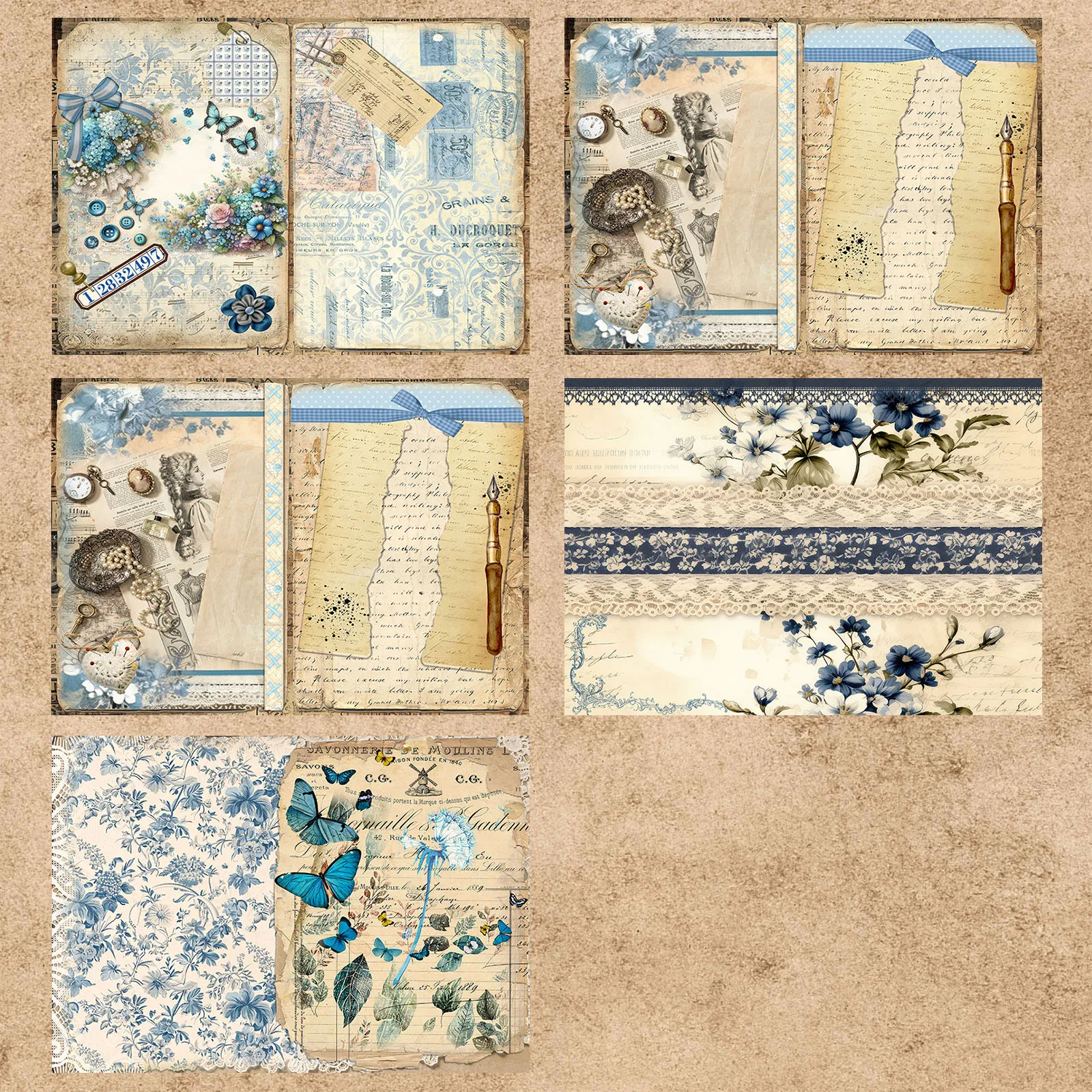 15 Sheets A5 Size Blue Collage Flowers Label Butterfly Collage Background Vintage Grunge Journal Planning Scrapbooking