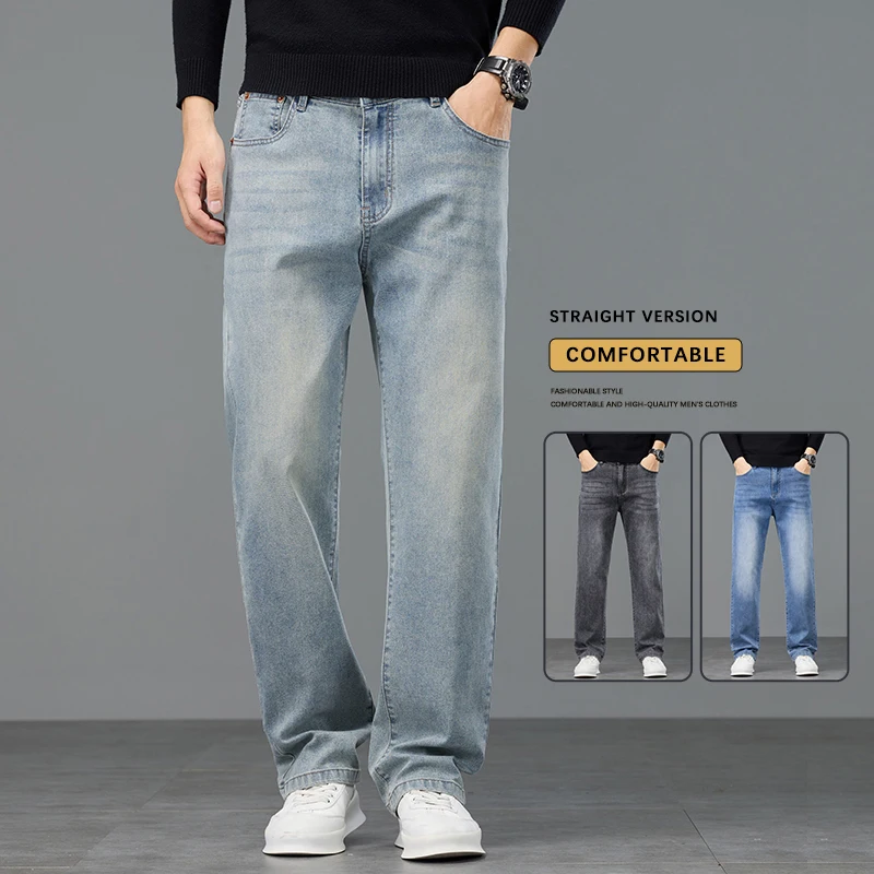 

Classic Straight Jeans Men's Spring Comfortable Casual Business Work Trousers Korean Fashion Vintage Denim Pants Man Clothes