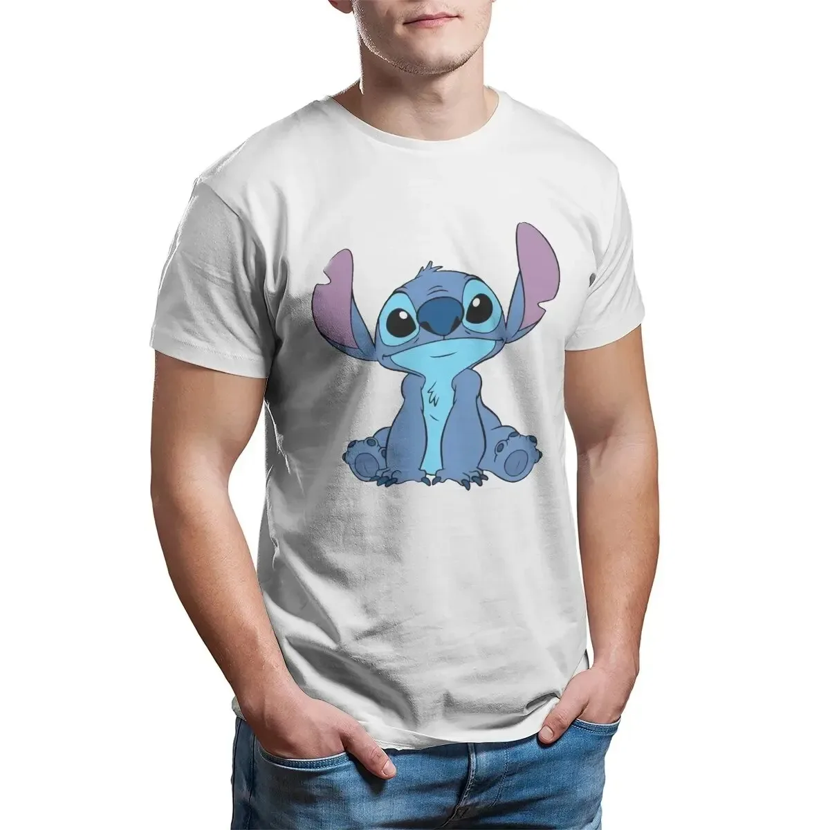 Stitch smile Men T Shirts Casual Tees Short Sleeve Round Collar Disney T-Shirts 100% Cotton S-4XL Clothes Oversized T-shirt