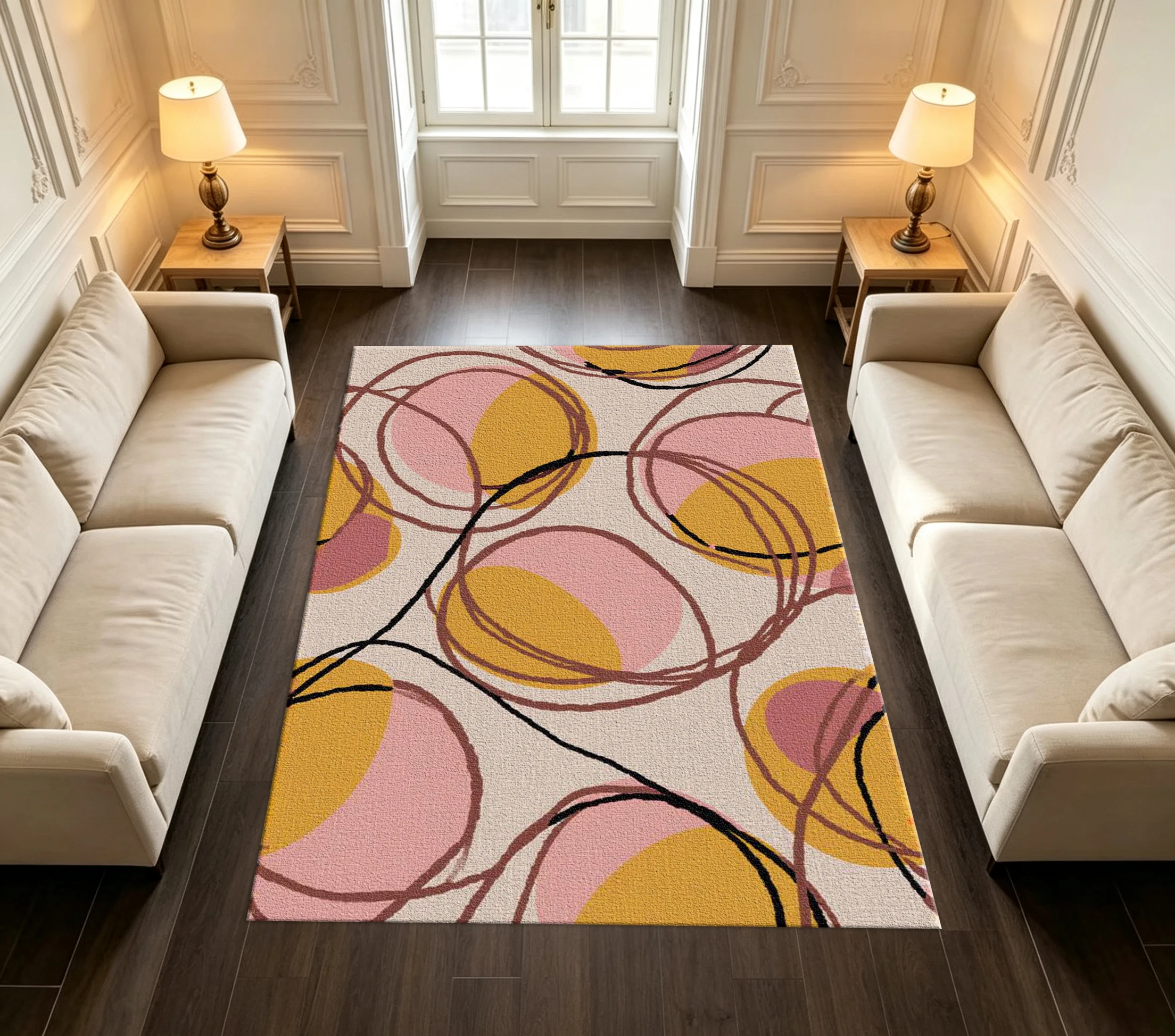 Abstract Hand-Painted Circular Pattern Carpet Floor Decoration, Stylish Soft-Toned Home Carpet, Suitable for Bedroom and Living Room