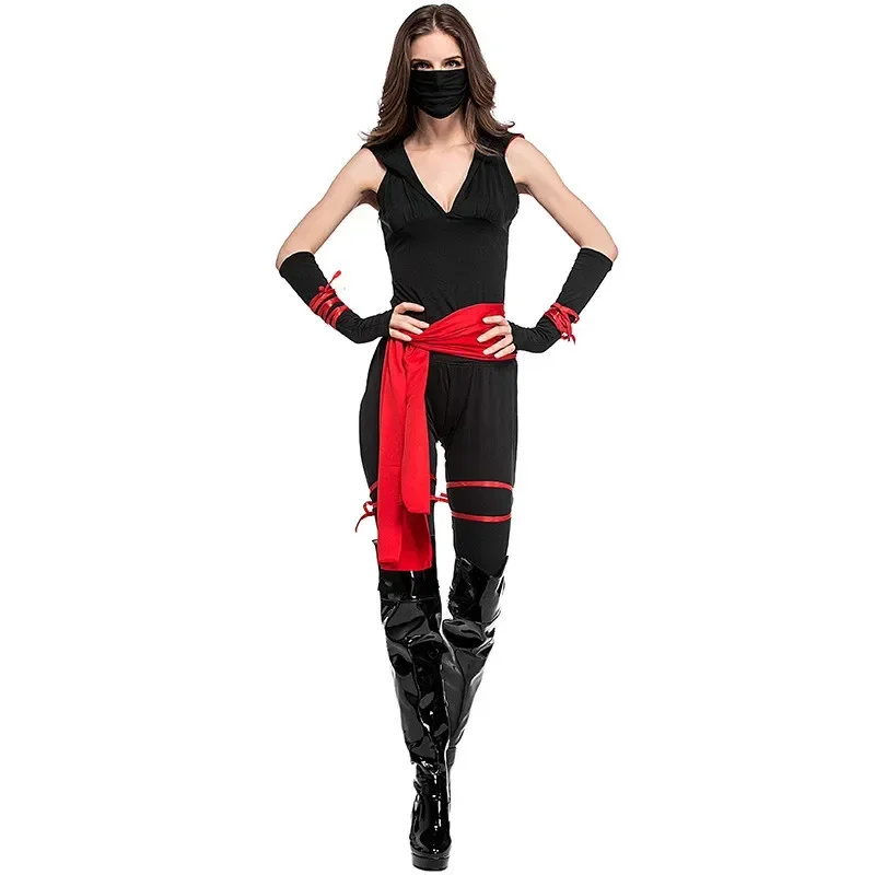 Disfraz de Ninja mortal para mujer, Top negro, máscara de pantalón, guantes, vestido de fantasía para Halloween, Sexy