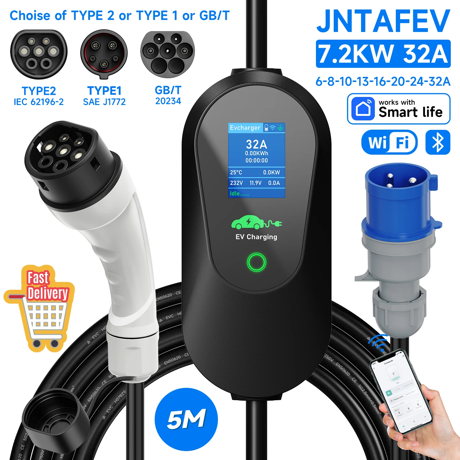 Portable Ev Charger 32A Type 2 Cee Plug - เครื่องชาร์จรถยนต์ไฟฟ้าแบบพกพา JNTAFEV Type2 IEC62196-2 รองรับ Type1/GBT
