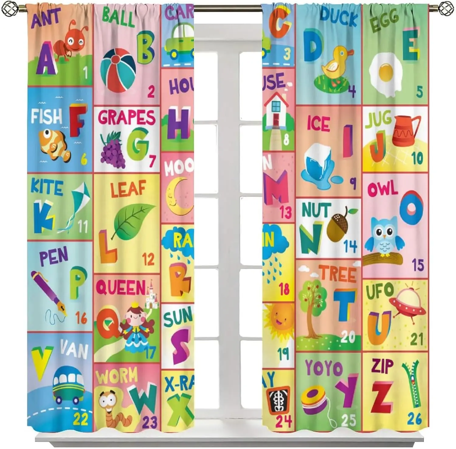 Alphabet ABC Curtains, Cartoon Animals Children Education Learning Alphabet Tools Printed Curtains Boys Girls Room Decoration