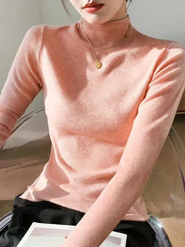 Slim Fit Long Sve Wool Base irt f High Ne Jersey de punto Casual Sle Medium Softn Viscose Camere Blend Sprin...