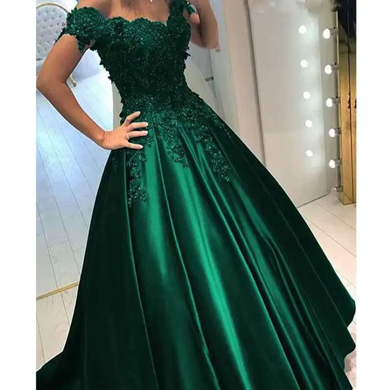 

Emerald Green Satin Wedding Dress Off Shoulder Lace Appliques Beaded Long Wedding Gown Bride Customized Dress 2025