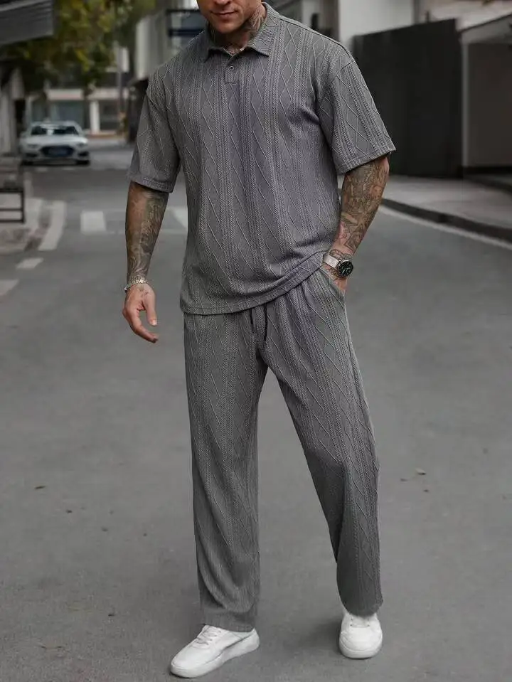 Summer Men Solid-color Jacquard Trousers Suit 2025 New Fashion Line Texture Casual lapel Short-sleeved POLO shirt Two-piece set