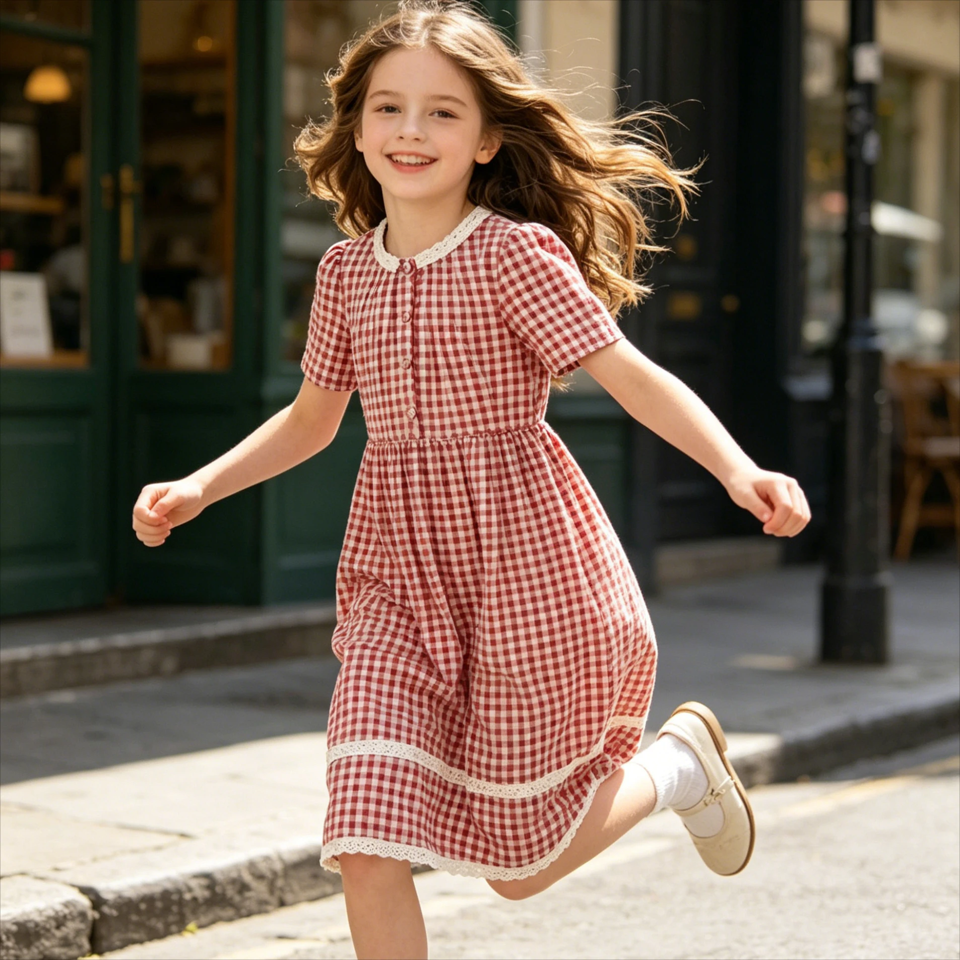 Teens Girls Gingham Plaid Midi Dress Short Sleeve Lace Trim Round Neck A Line Casual Daily Summer Holiday Kids Sundress Wear