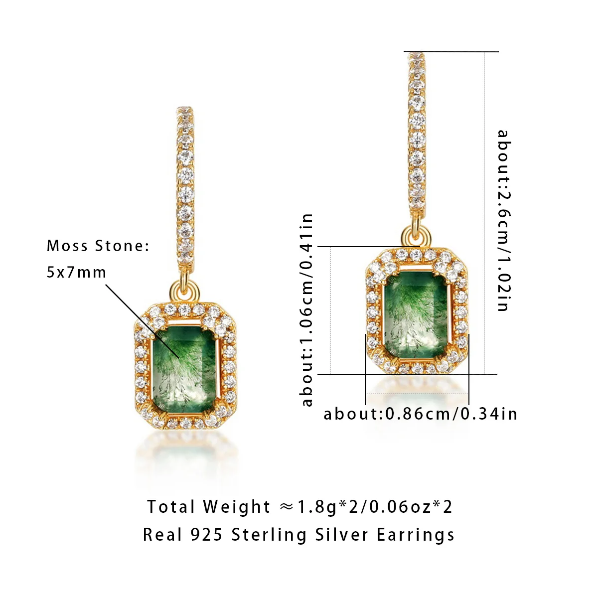 

AliMoss 5*7mm Geometry Cut Moss Agate Drop Earrings 925 Sterling Silver CZ Dangle Earring for Women Anniversary Birthday Gifts