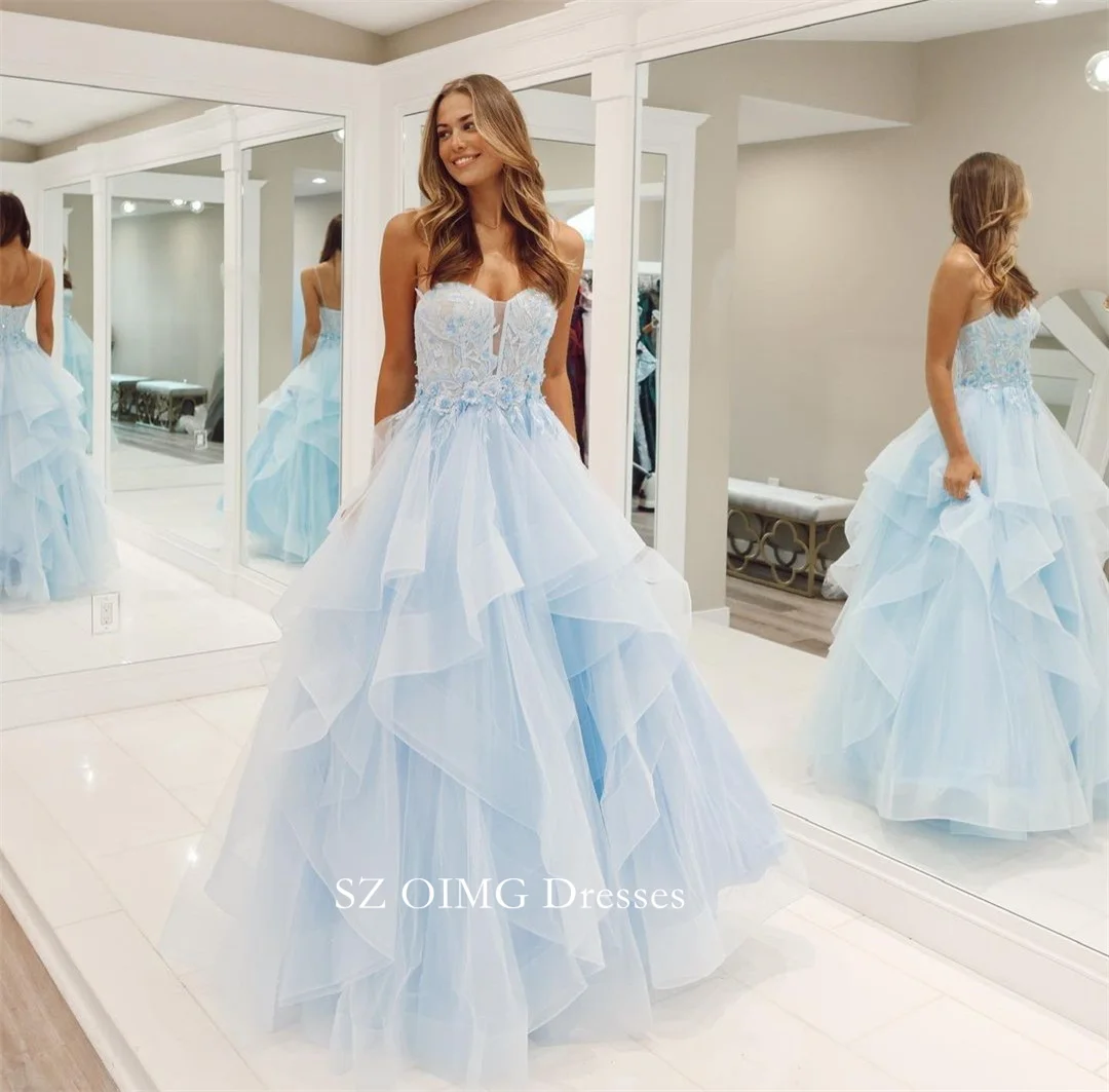 

OIMG Sweetheart Women Sexy Vintage Sky Blue Princess Prom Dresses Tiered Zipped Simple Evening Gowns 2023 Formal Party Dress