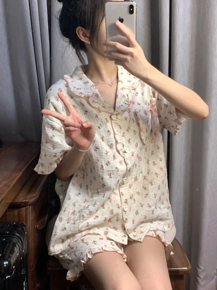 Pajama Sets Women Flowers All-match Vintage Lovely Basics Korean Style New Personality Tender Simple Home Ladies Seductive Ins