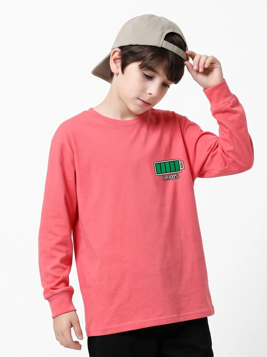 Boys Long Sleeve Cotton T‑Shirt, Fun Cartoon Battery Graphic Chest Print Loose Fit Casual Tops for 4‑16 Years Old