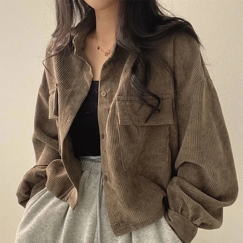 

Spring Autumn New Female Retro Style Leisure Long Sleeved Short Solid Color Corduroy Coat Women Loose Fit Top Jacket