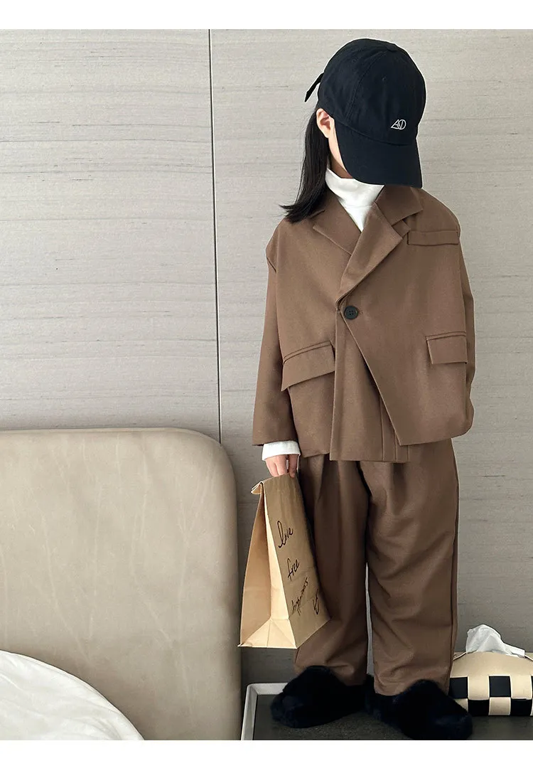 Girl Suit 2023 New Autumn Korean Fashion Style Tailored Suit Solid Cotton Irregular Long Sleeve Top Loose Pants Two Piece Suit