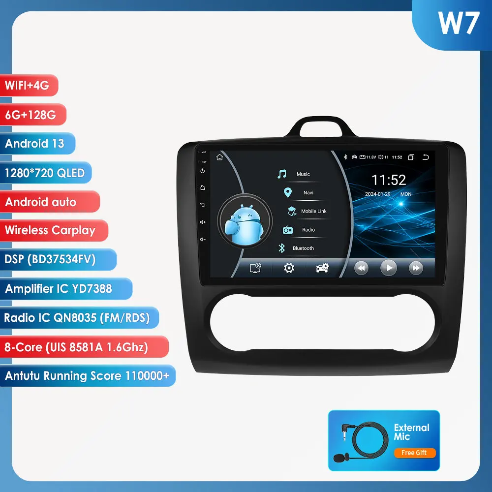 Hizpo 2din 9Inch Android13 Autoradio Voor Ford Focus 2 Mk2 2004 - 2011 Auto Ac Carplay Gps Navi Bt 4G Rds Dsp Swc Ui8581 Headunit