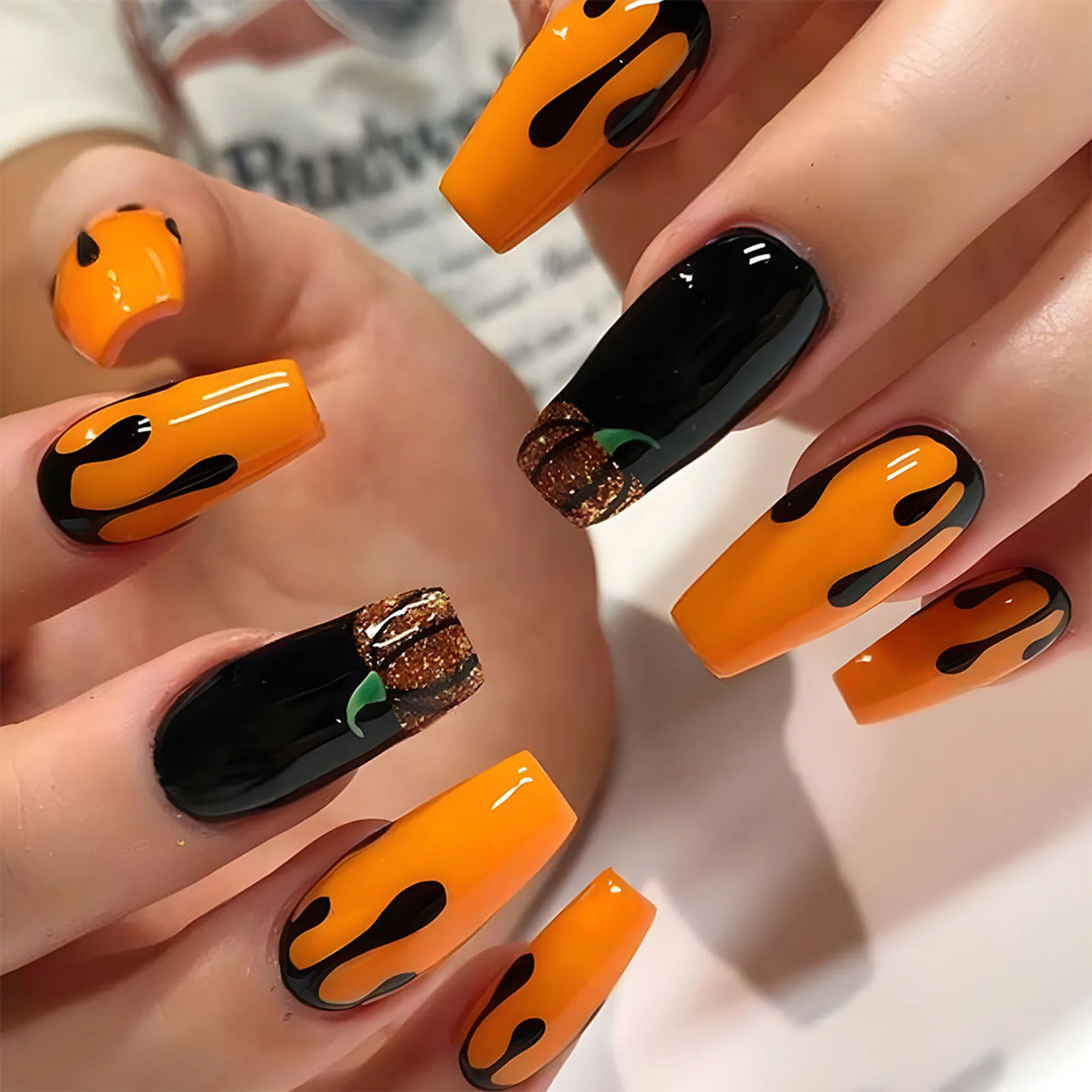 Halloween Pumpkin Print Press-on Nail Full Coverage Glossy Ballerina Fake Nail for Women and Girl Party Activity