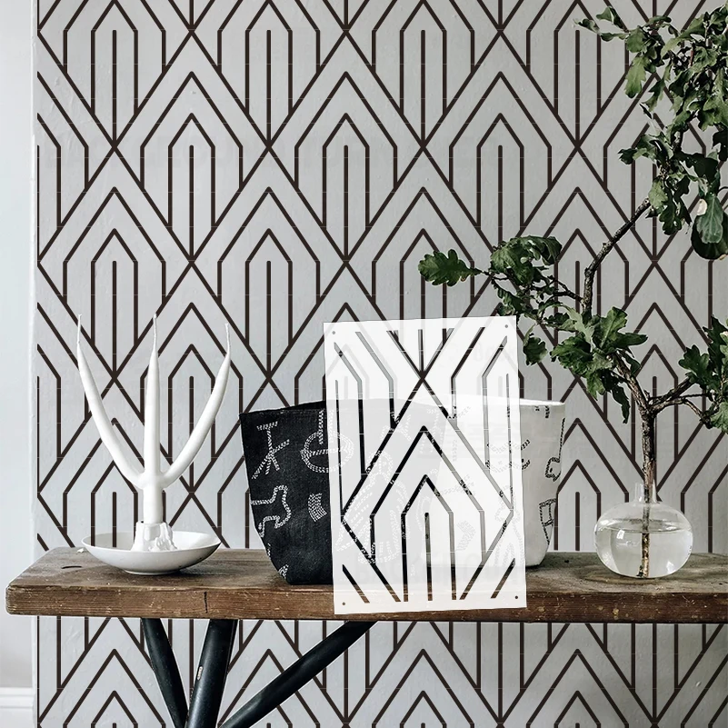 30cm - 40cm Stencil For Wall Decor Large On The Furniture Template Niche Linear Line Art Geometric Triangular Gatsby S172