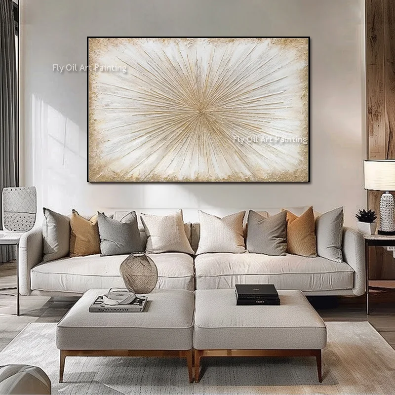 Original Handmade 3D Textured Abstract Wall Art, Radiant Golden Burst Neutral Tone Impasto Oil Painting Canvas Home Decoration